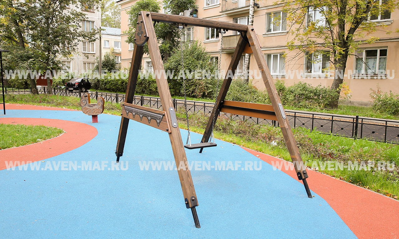 Детские качели маятниковые деревянные Средневековье К-2/1д с цепным подвесом Тип-2